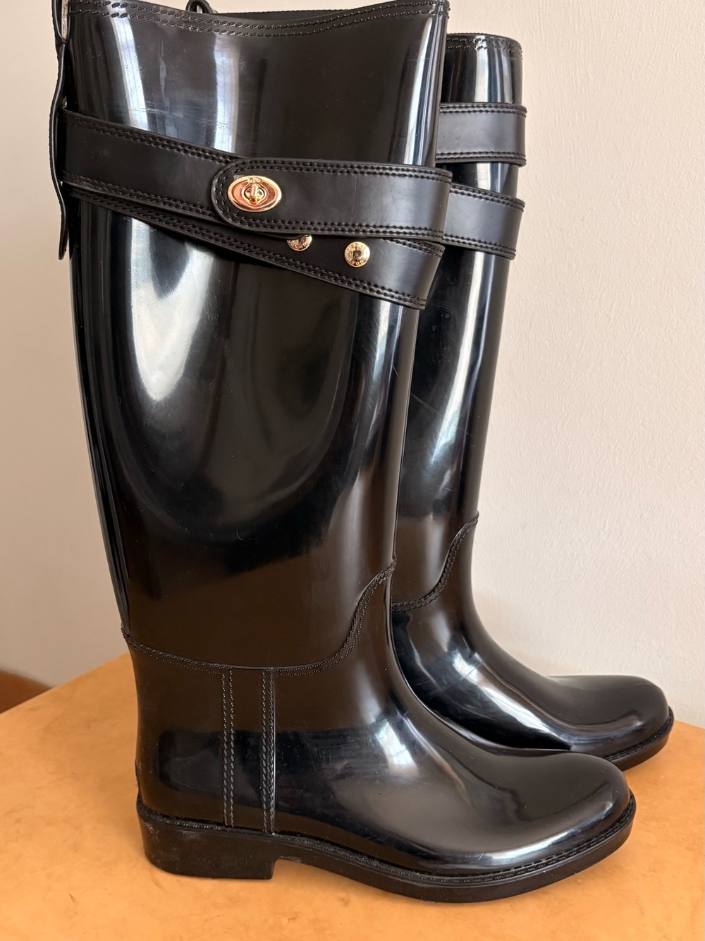 Coach Black Women's Glossy Rain Boots with Decorative Strap